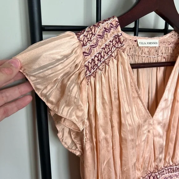 NWOT Ulla Johnson Peach Satin Embroidered Waist Midi Dress Sz 0 - Picture 2 of 10